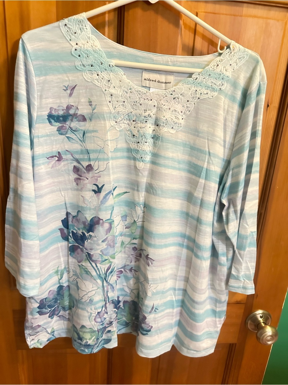 Alfred Dunner Aqua & White Striped Floral Lace-Trim Long Sleeve Tee